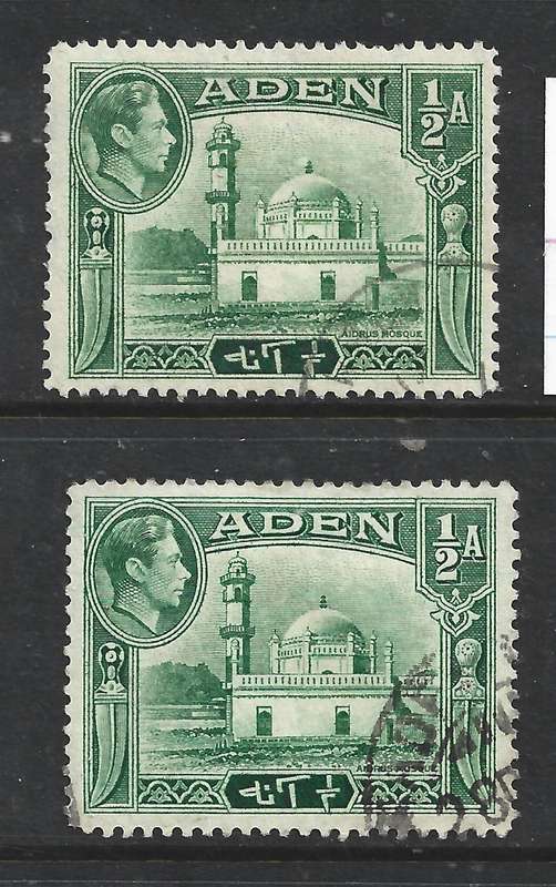 Aden GVIR, 1939, 1/2 anna yellowish green, 1948 1/2a bluish green used