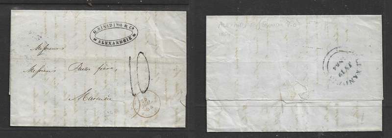Egypt, 1854, entire, m/s 10,  cachet G.SINADINO & Co ALEXANDRIE, ALEXANDRIA c.d.s.> MARSEILLES,
