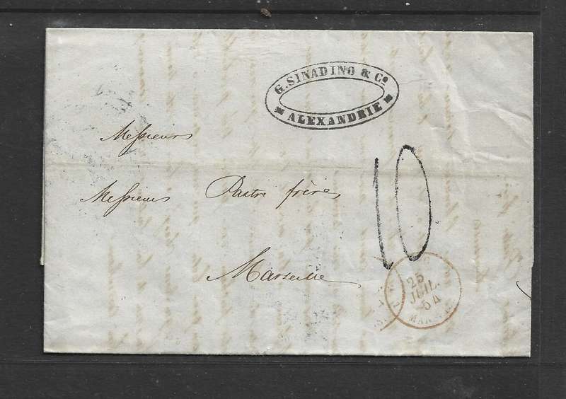 Egypt, 1854, entire, m/s 10,  cachet G.SINADINO & Co ALEXANDRIE, ALEXANDRIA c.d.s.> MARSEILLES,