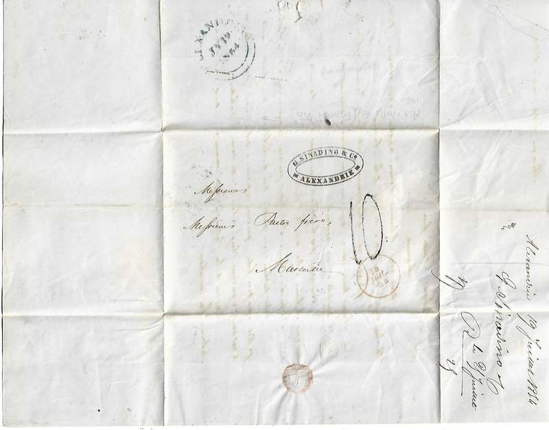 Egypt, 1854, entire, m/s 10,  cachet G.SINADINO & Co ALEXANDRIE, ALEXANDRIA c.d.s.> MARSEILLES,