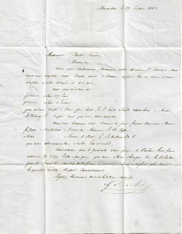 Egypt, 1854, entire, m/s 10,  cachet G.SINADINO & Co ALEXANDRIE, ALEXANDRIA c.d.s.> MARSEILLES,