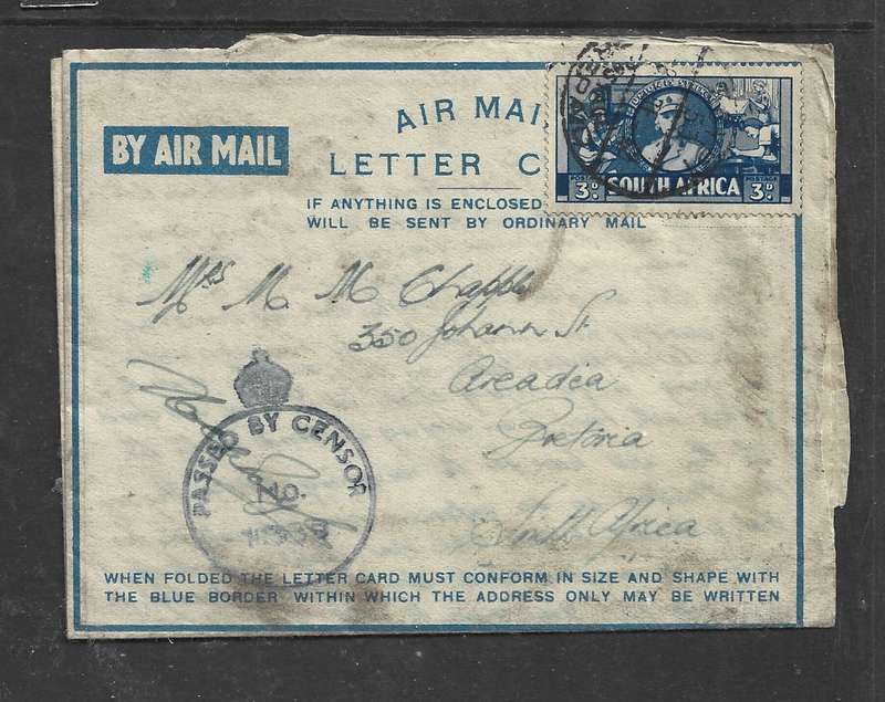 Egypt, 1942, S. Africa 3d, large war, EGYPT 53 POSTAGE PREPAID  > S. Africa , Crowned Censor