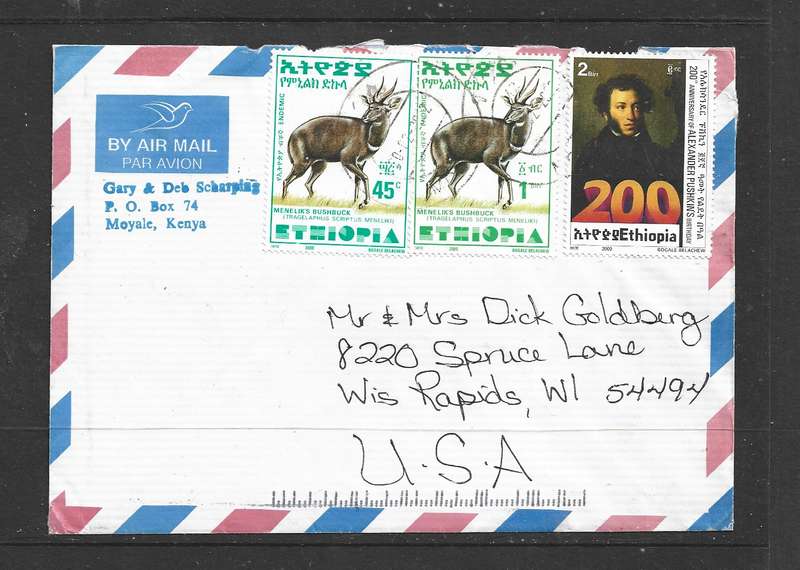 Ethiopia, airmail cover, 3 Birr 45, MOYALE 20.02.2002 c.d.s. >USA.