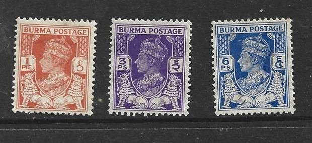 Burma, GVIR, 1938, 1p, 3p, 6p MH *