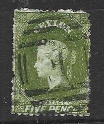 Ceylon, VRI, 1866, 5d, yellow-olive, used