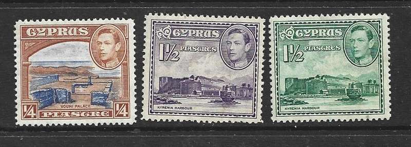 Cyprus   GV1R, 1938 -51, 1/4p, 1 1/2p violet, 1 1/2p green, MH *
