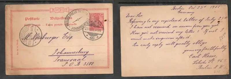 Germany 1900 10pf postal card, BERLIN 23.10.01 >JOHANNESBURG. PASSED BY PRESS CONSOR JOHANNESBURG