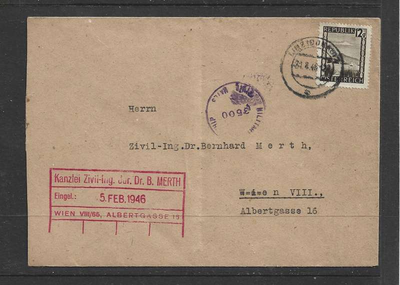 Austria, domestic cover, 12g, LINZDONAU ?? 46 > Vienna, arrival cachet 5 Feb 1946