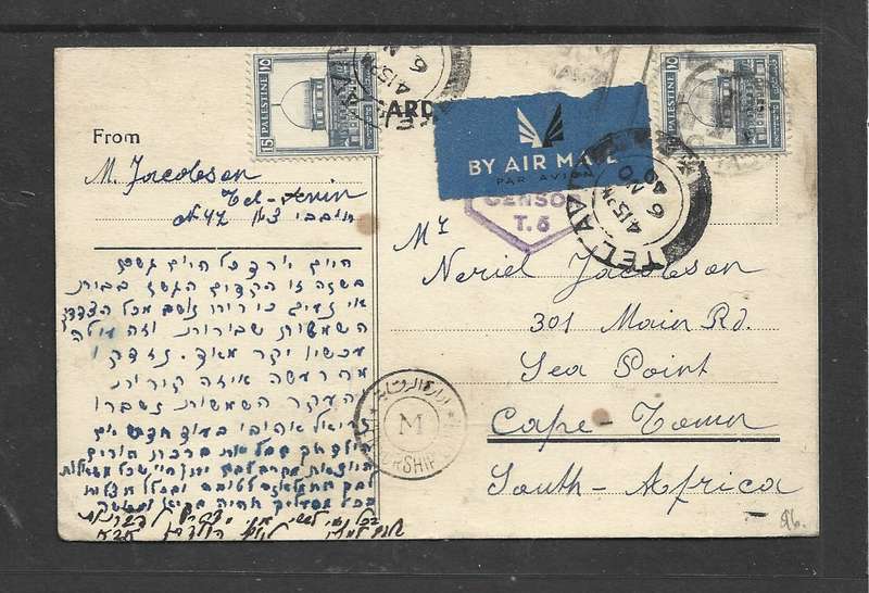 Palestine, postcard, 30m TEL AVIV 6 NO 40 > S.AFRICA, airmail, 2 x censor