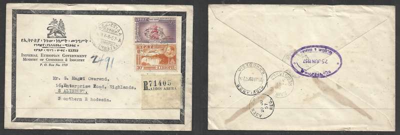 Ethiopia, 95c, registered ADDIS ABABA 17-6-57>HIGHLANDS S.RHODESIA, ADEN & NAIROBI transits