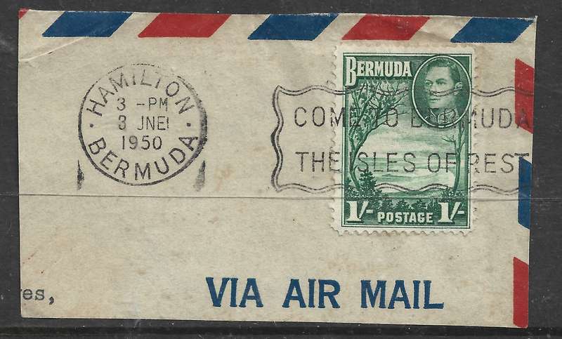 Bermuda GVIR, 3 fragments (both shades of 1/) nice slogan  postmark