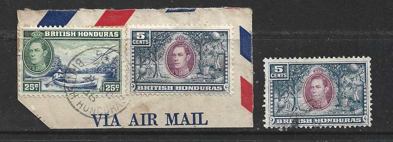 British Honduras, GVIR, 1938 25c, 5c, used on fragment