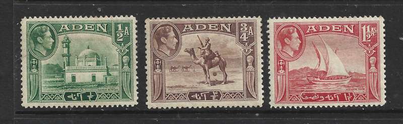 Aden GVIR, 1939, 1/2 anna 3/4 anna, 1 1/2 annas, MH *, gum tone