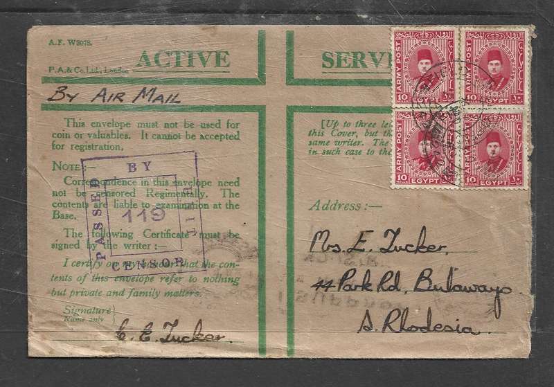 Egypt, 1940  Army Post 10m (4), FIELD POST OFFICE 242 > BULAWAYO Rhodesia