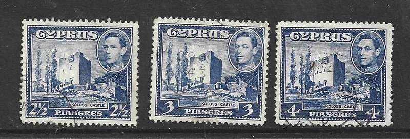 Cyprus GVIR,  1938 - 1945, Kolossi Castle, ultramarine,  2 1/2p, 3p, 4piastres, used
