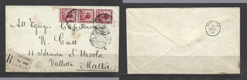 Egypt, 1921, 15 mills, registered envelope, ALEXANDRIA > MALTA