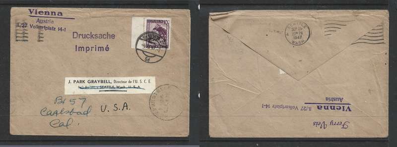 Austria, printed matter, 10g, WIEN 4 VIII 47 > SEATTLE (USA)SEP 25 1947