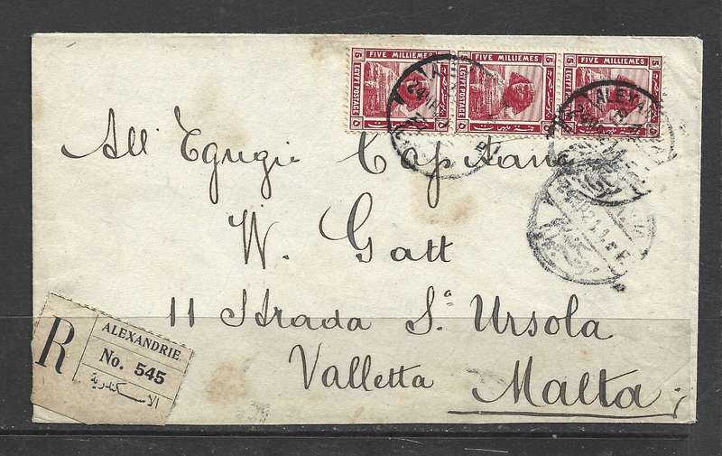 Egypt, 1921, 15 mills, registered envelope, ALEXANDRIA > MALTA
