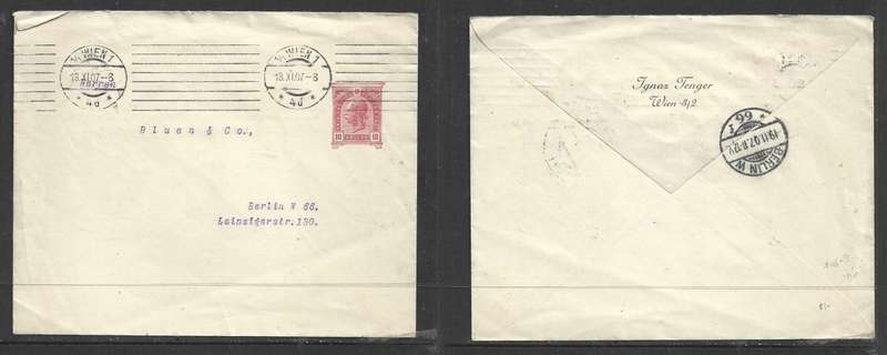 Austria, postal stationery, 10 heller, envelope, used WIEN 18 XI 07 > BERLIN 19.11.07