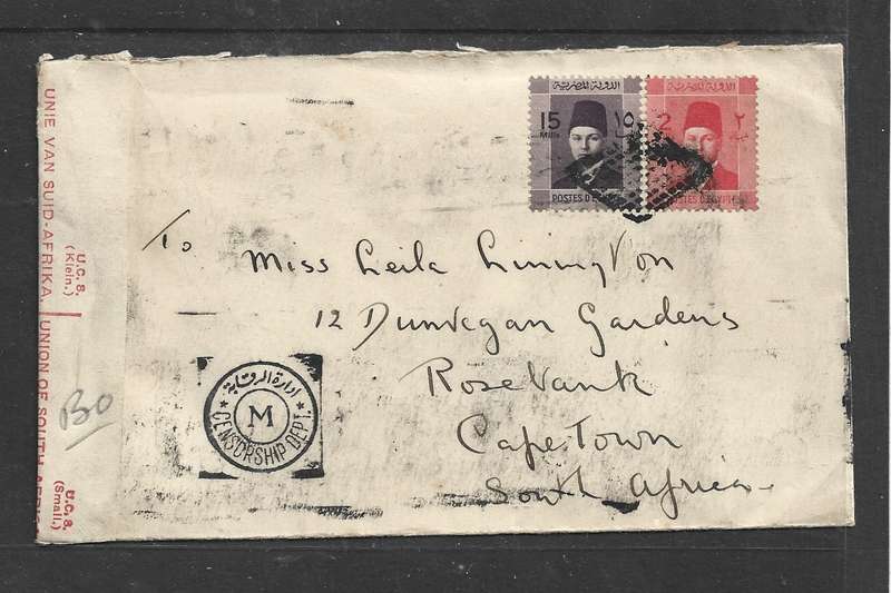 Egypt, 1941, 17 mills, envelope, retta cancel,  CAIRO 4 FEB 11941 transit > S. Africa