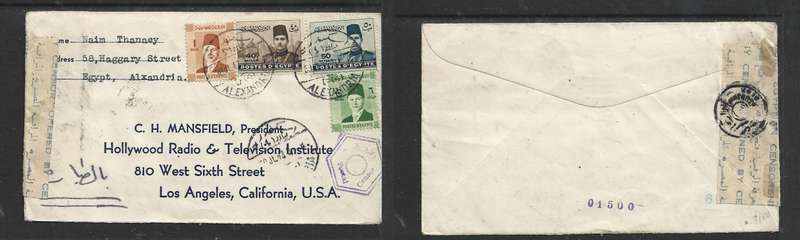 Egypt, 1943, 97 mills, ALEXANDRIA > USA, Censor label, 2 censor marks