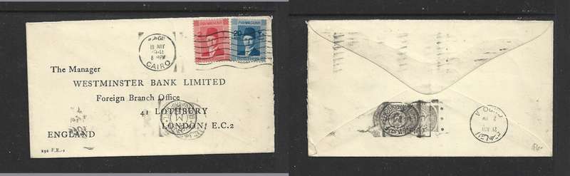 Egypt, 1941, 22 mills, CAIRO > London, 2 censor marks, CAIRO A transit