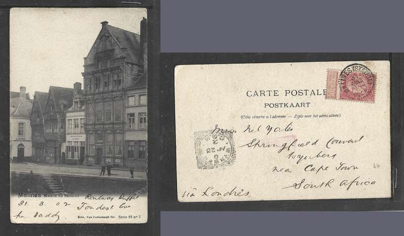Belgium, Malines, Maison du Saumon, used 10c, MALINES (STATION)31 MARS 1902 c.d.s. > VRYBURG CoGH