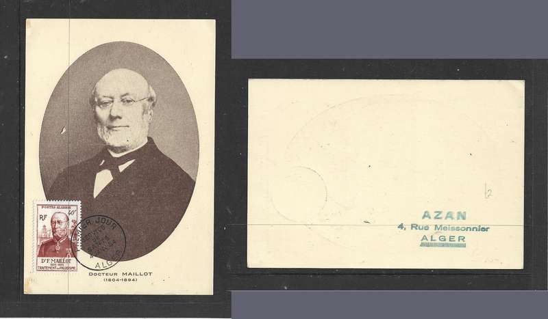 Algeria, maxim card, Dr Maillot, PREMIER JOUR ALGER SERVICE DE SANTE 4 JANV 54 cds