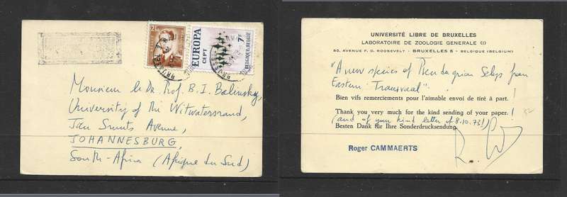 Belgium, card, used 1973, 9f50, airmail,  BRUXELLES > Johannesburg, University, Zoology Dept