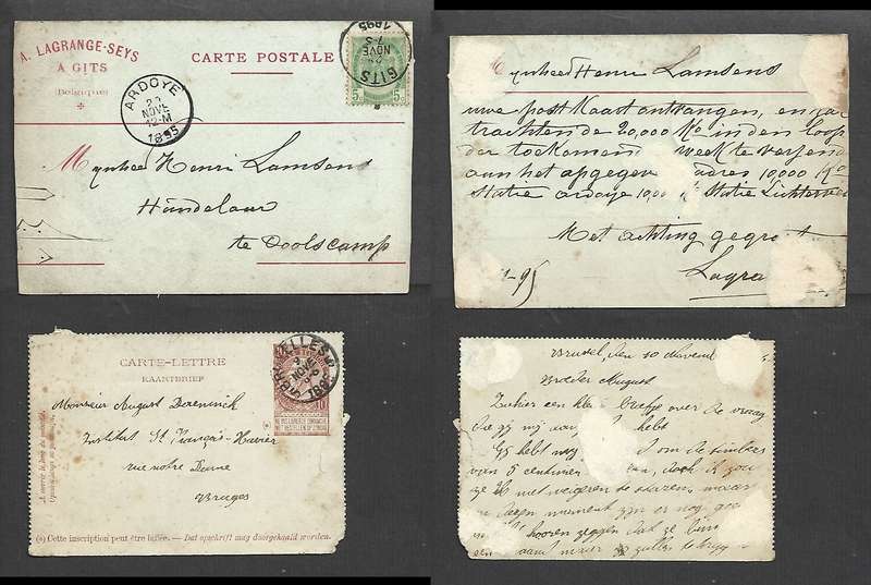 Belgium, cards, used, 10c BRUXELLES 9 NOVE 1896, GITS NOVE 1895 & ARDOYE NOVE 1895.