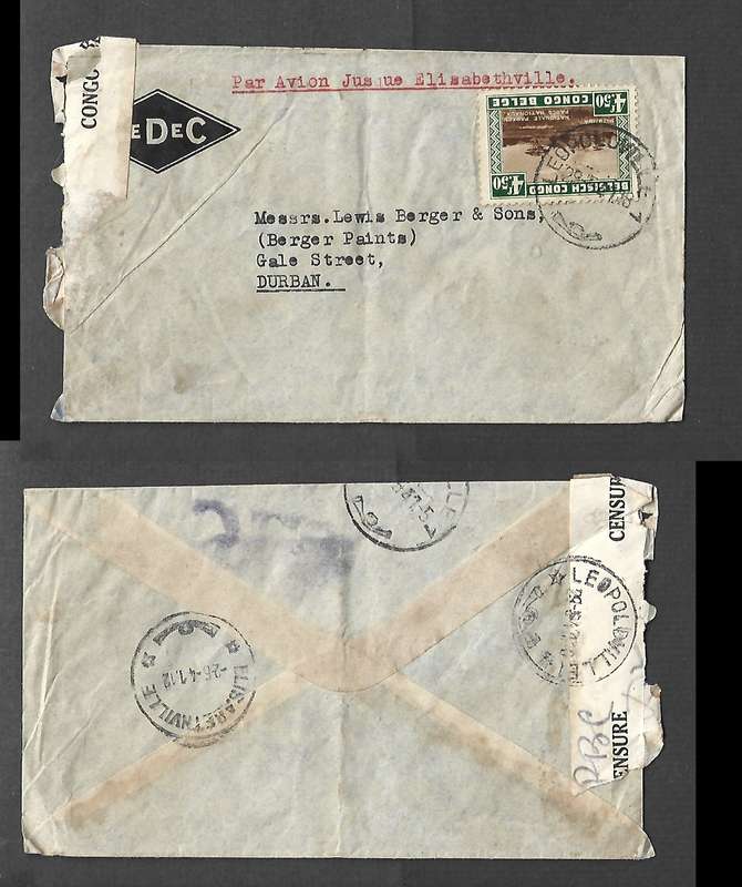 Belgian Congo, airmail 4F50 LEOPOLDVILLE 29 5 41 cds, ELIZABETHVILLE transit  > Durban, S.Africa