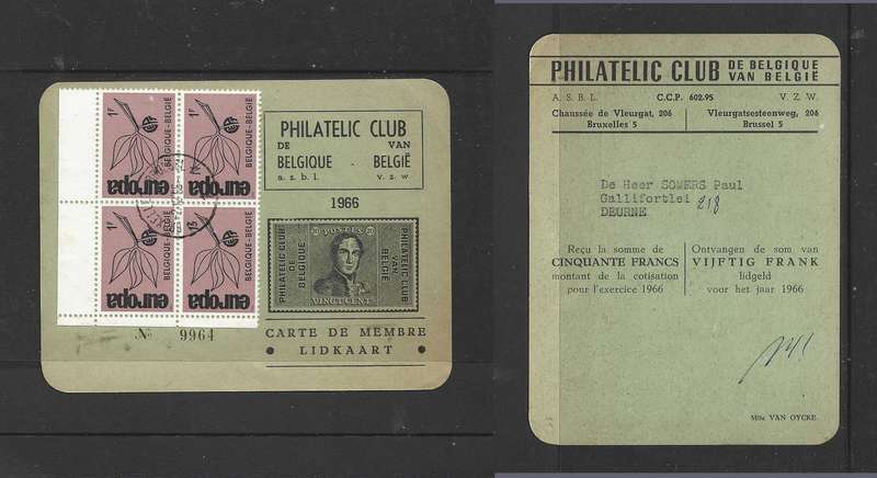 Belgium, Philatelic Club card No 9964, 1966, Europa 1F (x4) BRUXELLES2.12.65 c.d.s > Deurne