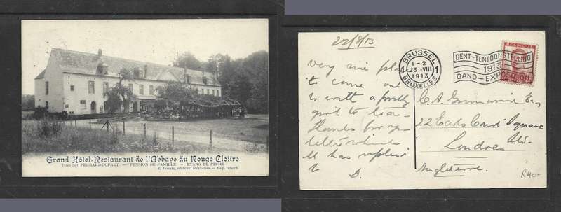 Belgium, Grand Hotel Restaurent de l'Abbaye du Rouge Cloitre, used 1913 GENT-TENTOONSTELLING slogan