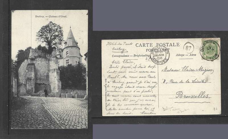 Belgium, Durbuy, Chateau d'Ursel, used,5c DURBUY 28 JUN 1908 > BRUXELLES ARRIVE  28 JUN 08