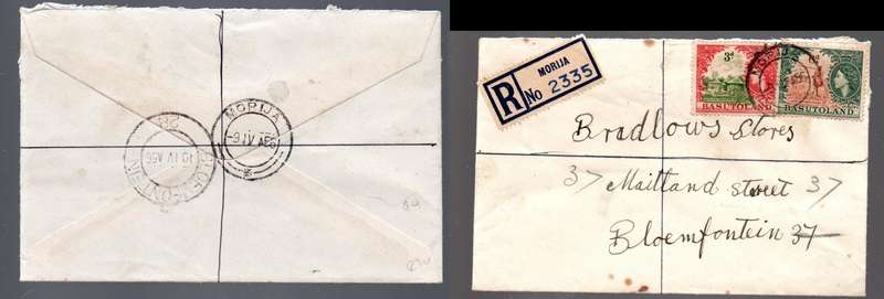 Basutoland, EIIR, cover, 9d, registered MORIJA 9 IV 56 cds, > BLOEMFONTEIN