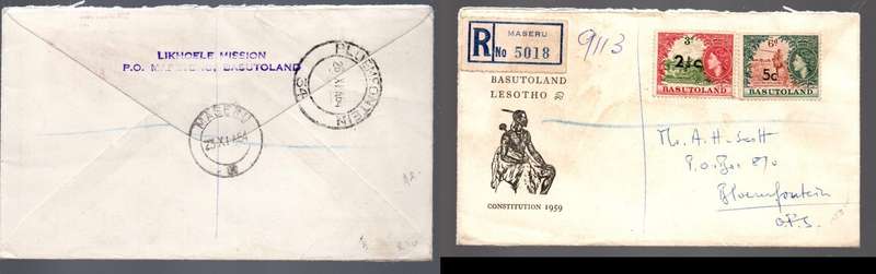 Basutoland, EIIR, LIKHOELE MISSION MAFETENG, 7 1/2c, registered MASERU 23 XI 64 cds, > BLOEMFONTEIN