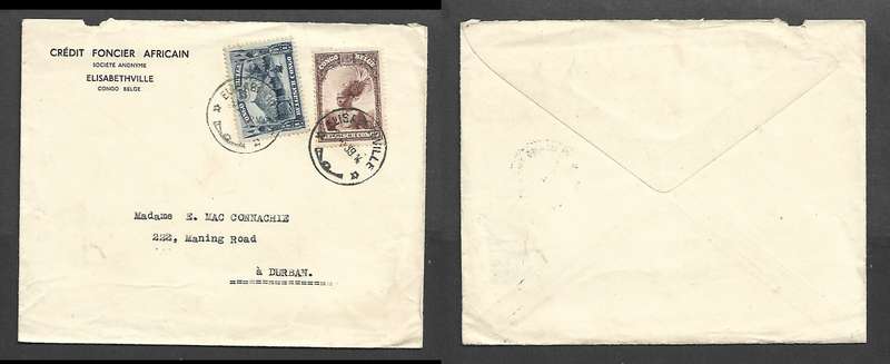 Belgian Congo, Credit Foncier Africain, 1F50 ELIZABETHVILLE ?-?-39 c.d.s. > Durban, S.Africa