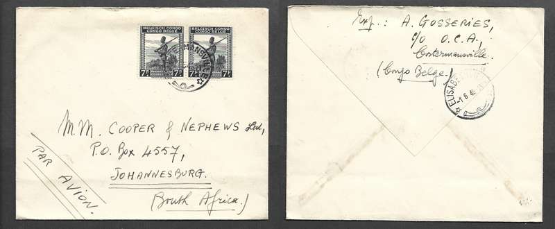 Belgian Congo, 14F airmail > S. Africa, COSTERMANSVILLE ??.5.46 cds, ELIZABETHVILLE 1.6.46 transit