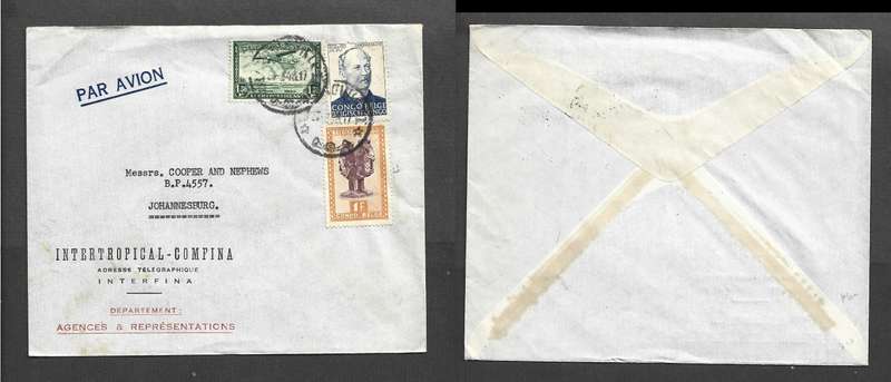 Belgian Congo, Intertropical Comfina (HQ-Costermanville) 6F airmail > S. Africa, ???  23.3.48 cds,