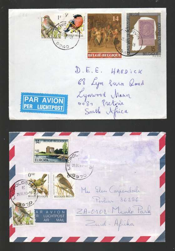 Belgium, 2 covers > S.Africa , 36 F, WERVIK 25.9.93,  22F (+ missing)LEOPOLDSBUG 29.04.95