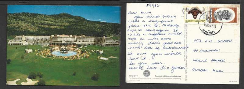 Bophuthatswana, Sun City post card.  Used 12c > Durban, SUN CITY 23.01.1986 special c.d.s.