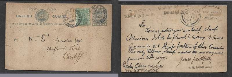 British Guiana 1894 1c postcard, uprated 1c GEORGETOWN SP 30 1897 > CARDIFF