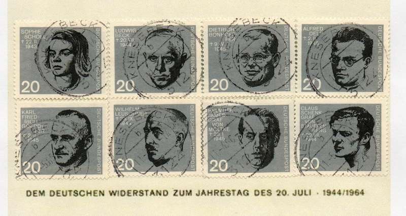 Germany, Federal Republic, 20th anniv of Hitler plot, 8 single stamps, used KNESEBECK 11.5.65 cds