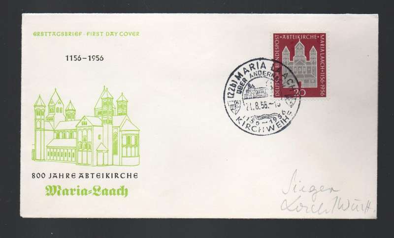 Germany, Federal Republic, First Day Cover, MariaLaach 800 years, MARIA LAACH KIRCHWEIH 24.8.56cds