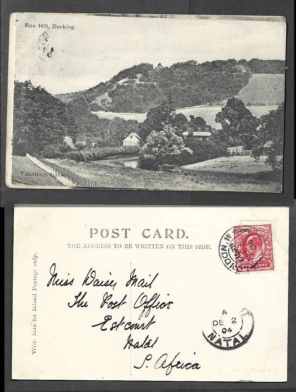 England, postcard, Box Hill Dorking, used 1d,  LONDON W. NO 11 04 cds > ESTCOURT NATAL