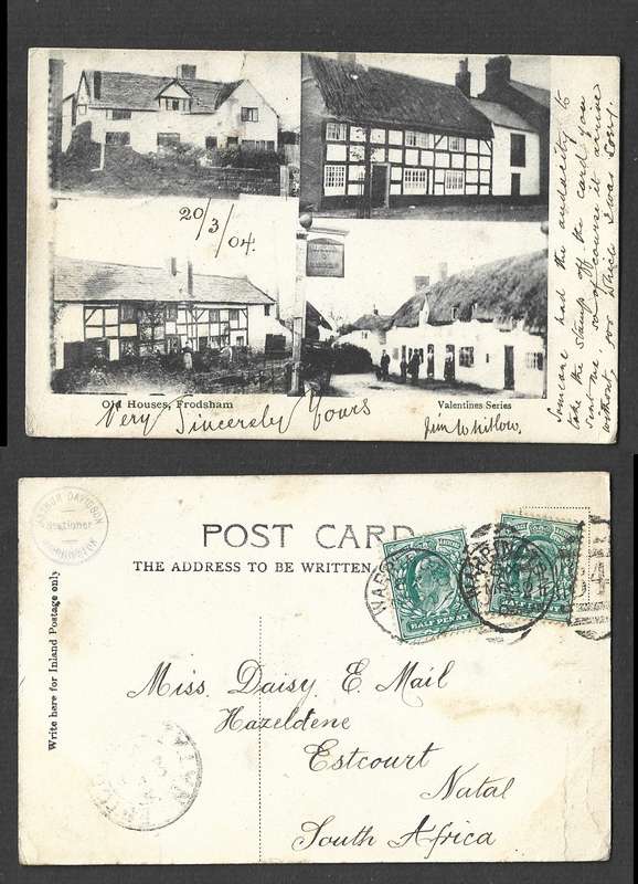 England, postcard, Old Houses, Frodsham, used 1d, WARRINGTON MR 20 04 cds  duplex > ESTCOURT NATAL