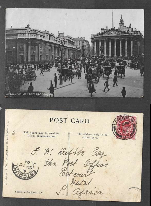 England, postcard, Bank & Royal Exchange London , LONDON.W. 87. AU26 04 cds > ESTCOURT (NATAL)