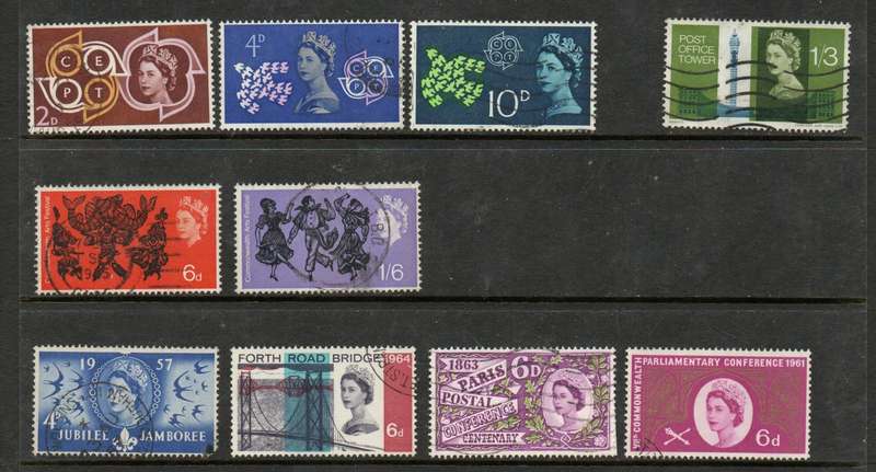 Great Britain, EIIR. 10 x early sterling low values used