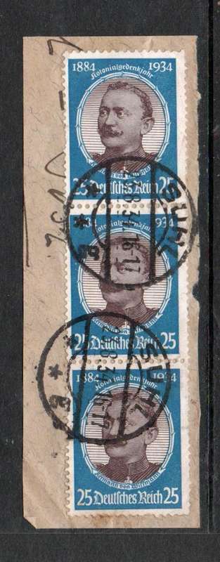 Germany 1934 Explorers, 25pf H. von Wiesmann, strip of 3 used SUHL 23,8.34 cds on fragment