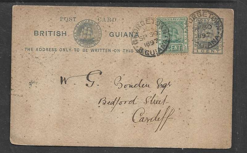 British Guiana 1894 1c postcard, uprated 1c GEORGETOWN SP 30 1897 > CARDIFF